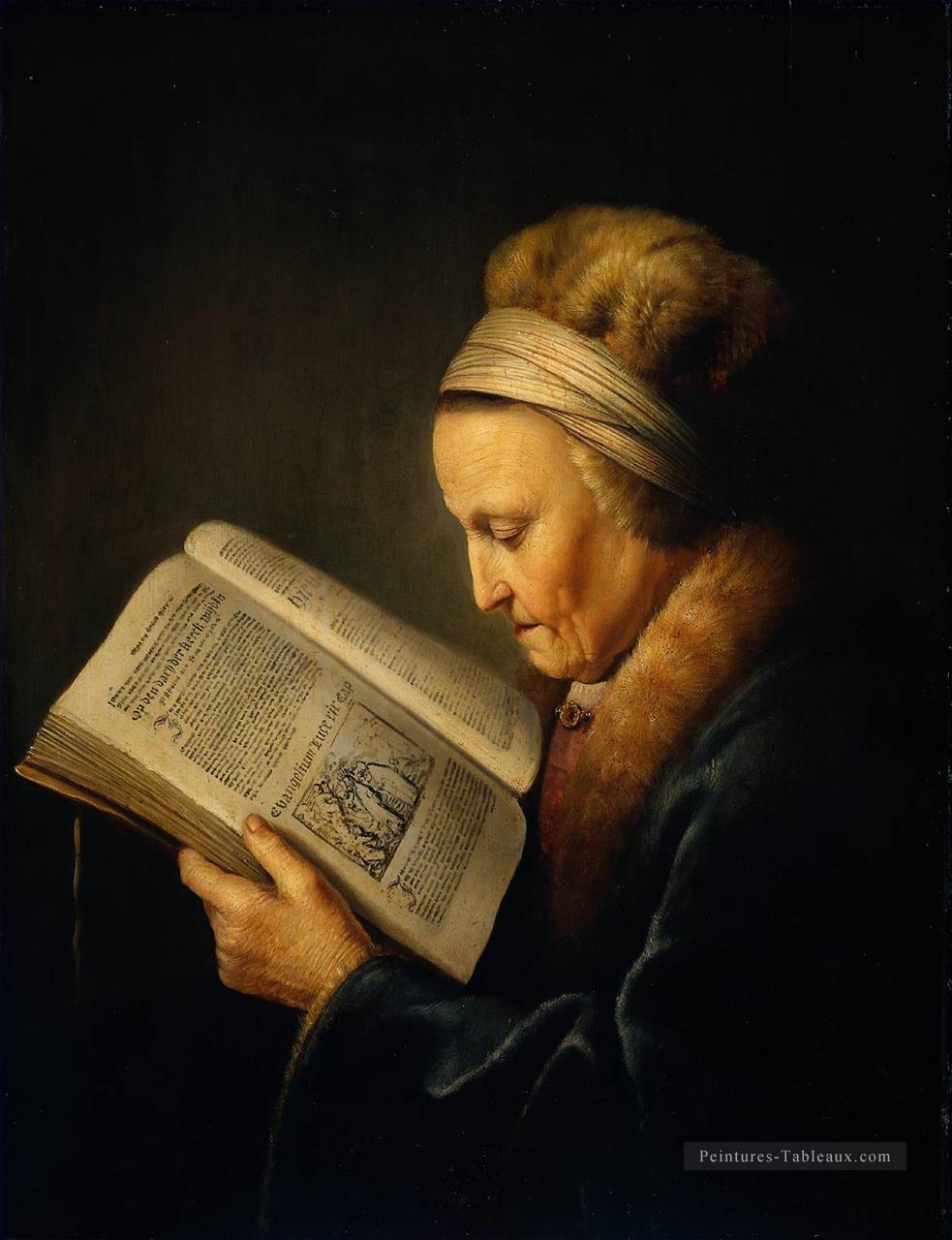 Vieille femme lisant un âge d’or lectionnaire Gerrit Dou Peintures à l'huile
